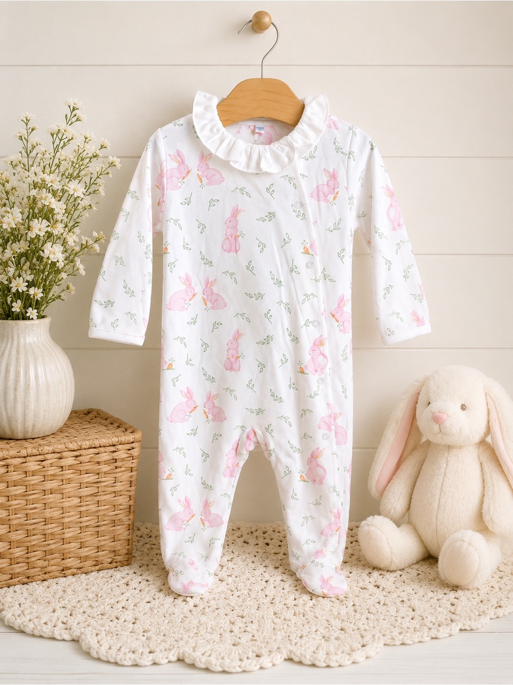 NWT Nellapima Pink Bunny Crossover Footie Pima Cotton 6-9M Ruffle Collar